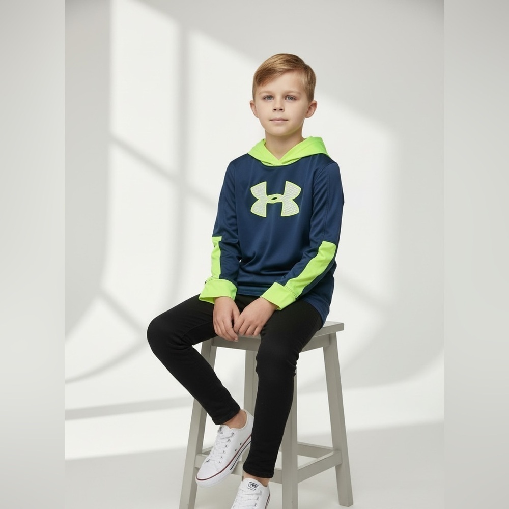 Under Armour play Dark Blue and Neon Yellow Green Hoodie Boys 6 long sleeve logo